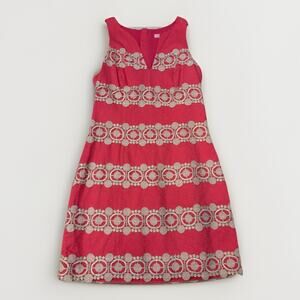 Lilly Pulitzer Janice Shift Dress Sz 2 Gold Embroidery Pink Gold Boat Wheel Lace